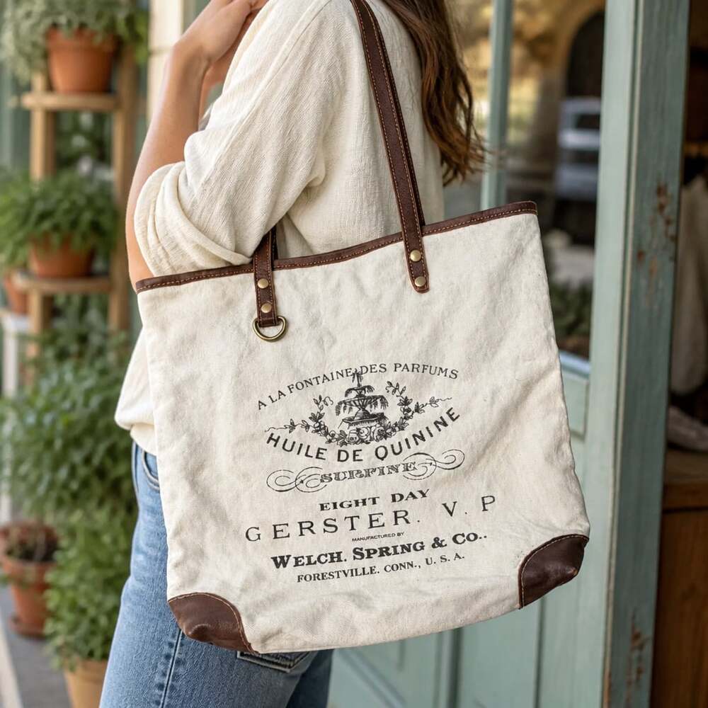 Myra Bag Vogue Canvas and Leather Tote Bag with French Typography Print